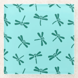 Japanese Dragonfly Pattern, Turquoise and Aqua Glass Coaster