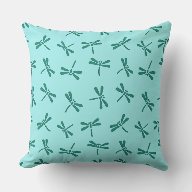 Japanese Dragonfly Pattern, Turquoise and Aqua Outdoor Cushion (Front)