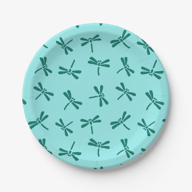 Japanese Dragonfly Pattern, Turquoise and Aqua Paper Plate (Front)