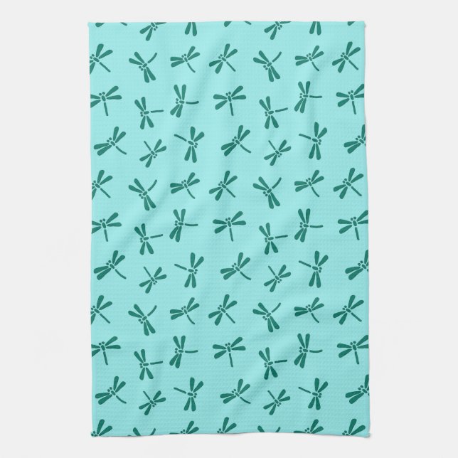 Japanese Dragonfly Pattern, Turquoise and Aqua Tea Towel (Vertical)