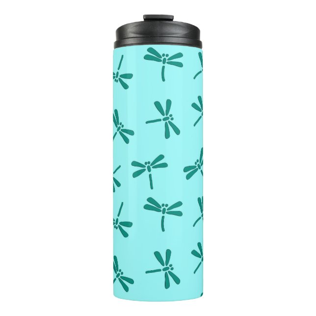 Japanese Dragonfly Pattern, Turquoise and Aqua Thermal Tumbler (Front)