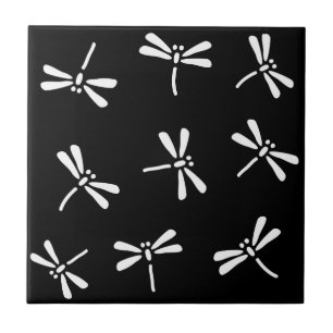 Japanese Dragonfly Pattern, White and Black Ceramic Tile
