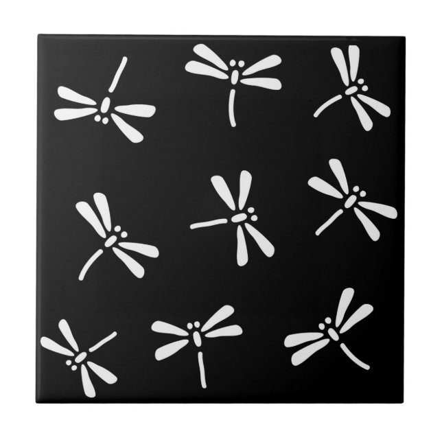 Japanese Dragonfly Pattern, White and Black Ceramic Tile (Front)
