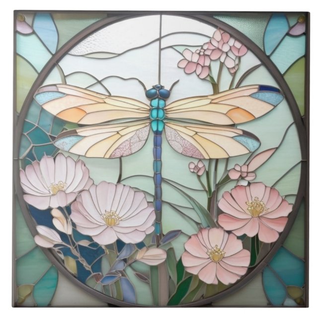 Japanese Dragonfly Stained Glass Art Deco Nouveau Ceramic Tile (Front)