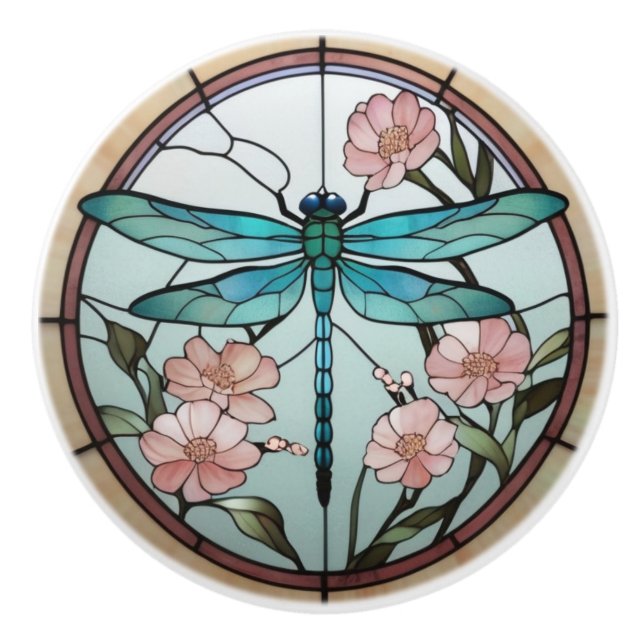 Japanese Dragonfly Stained Glass Deco Art Nouveau Ceramic Knob (Front)