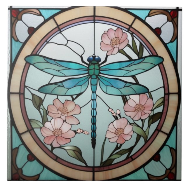 Japanese Dragonfly Stained Glass Deco Art Nouveau Ceramic Tile (Front)