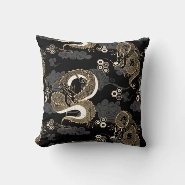 Japanese Dragons Pattern Black and Gold Cushion (Front)