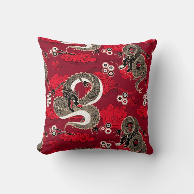Japanese Dragons Pattern Red and Gold Cushion (Front)