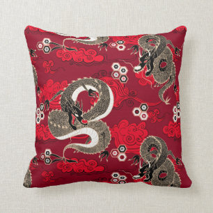 Japanese Dragons Pattern Red and Gold Cushion