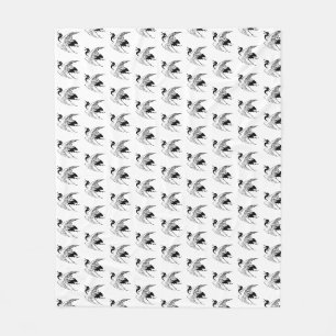 Japanese Drawing of a Crane, Black and White Fleece Blanket