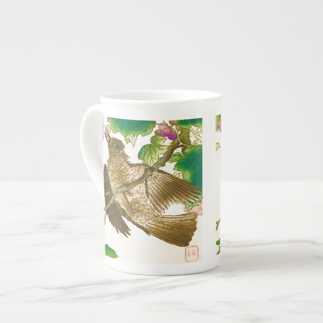 Japanese Drawing of Jay on a Grape Vine Bone China Mug (Front Left)
