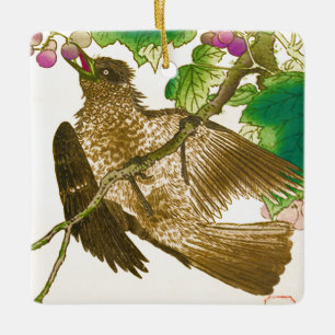 Japanese Drawing of Jay on a Grape Vine Ceramic Or Ornament