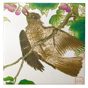 Japanese Drawing of Jay on a Grape Vine Ceramic Tile