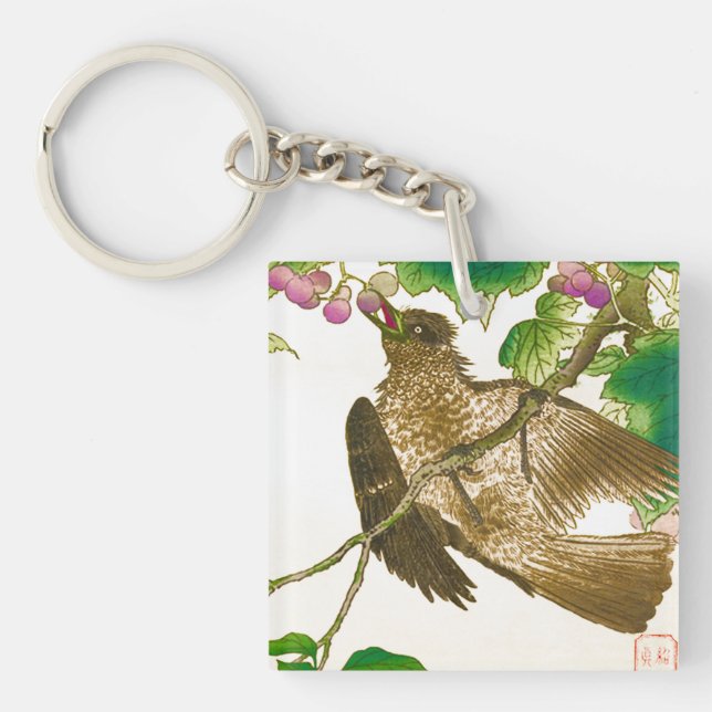 Japanese Drawing of Jay on a Grape Vine Key Ring (Front)