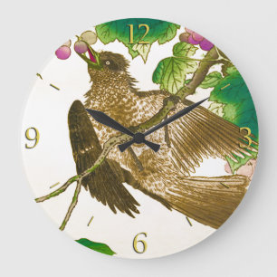 Japanese Drawing of Jay on a Grape Vine Large Clock