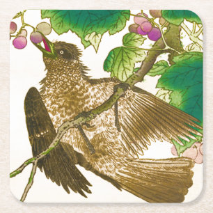 Japanese Drawing of Jay on a Grape Vine Square Paper Coaster