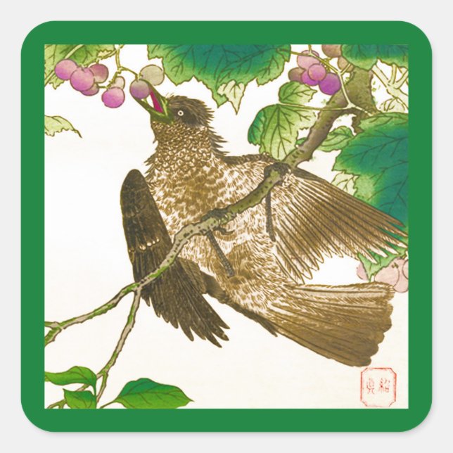 Japanese Drawing of Jay on a Grape Vine Square Sticker (Front)