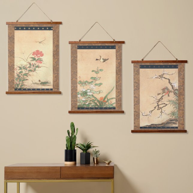 Japanese Edo Period Kano Motonobu Birds & Flowers Hanging Tapestry (Asymmetrical)