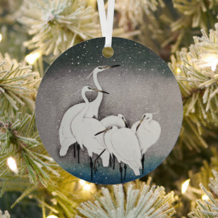 Japanese Egrets Cranes Bird Winter Snow Art Metal Tree Decoration