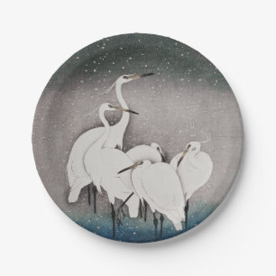 Japanese Egrets Cranes Bird Winter Snow Art Paper Plate