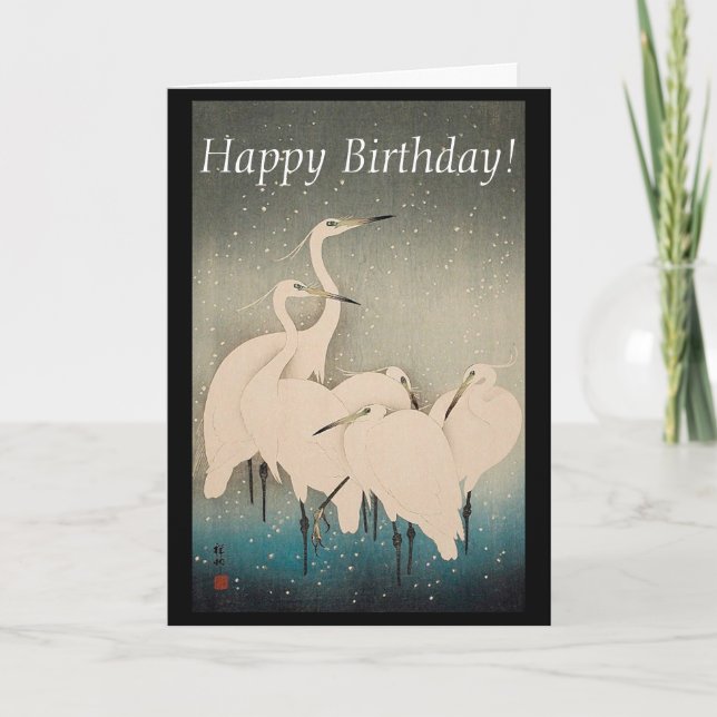Japanese Egrets in Snow Wildlife Birthday Card (Front)