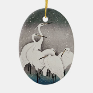 Japanese Egrets Koson Cranes Winter Snow Ceramic Ornament
