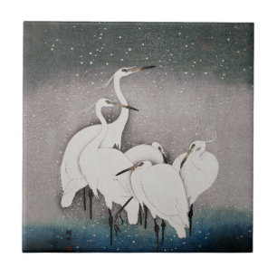 Japanese Egrets Koson Cranes Winter Snow Ceramic Tile