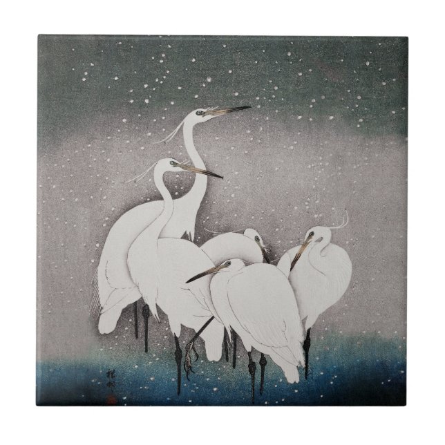 Japanese Egrets Koson Cranes Winter Snow Ceramic Tile (Front)