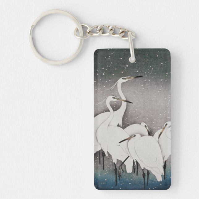 Japanese Egrets Koson Cranes Winter Snow Key Ring (Front)
