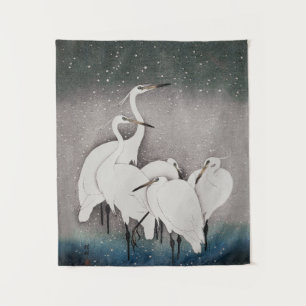 Japanese Egrets Koson Cranes Winter Snow Tapestry