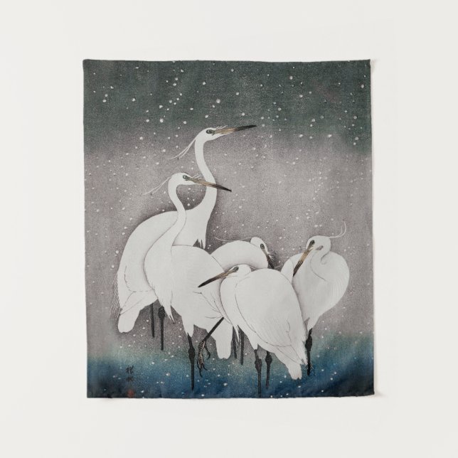 Japanese Egrets Koson Cranes Winter Snow Tapestry (Front)
