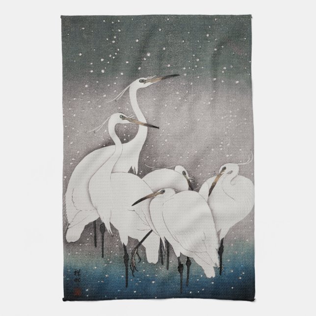Japanese Egrets Koson Cranes Winter Snow Tea Towel (Vertical)