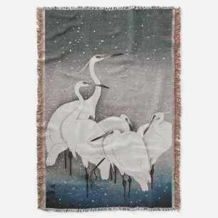 Japanese Egrets Koson Cranes Winter Snow Throw Blanket