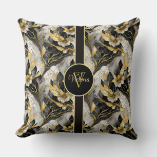 Japanese Elegant Gold and Black Marbleised Floral  Cushion