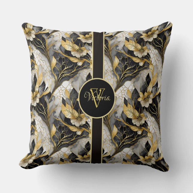 Japanese Elegant Gold and Black Marbleised Floral  Cushion (Front)