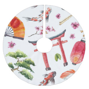 Japanese Elements Watercolor Seamless Texture Brushed Polyester Tree Skirt