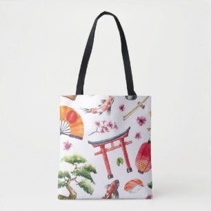 Japanese Elements Watercolor Seamless Texture Tote Bag
