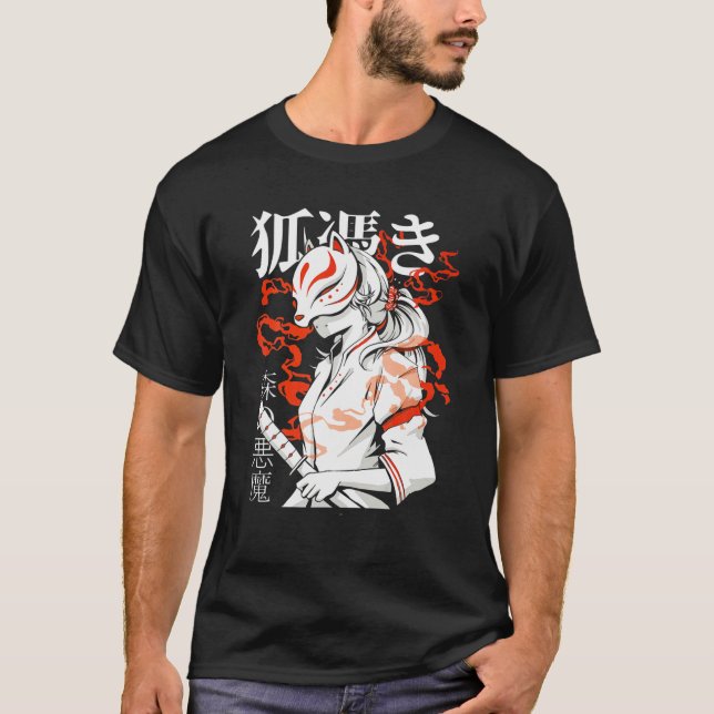 Japanese Esthetic Anime Girl Kawaii Kitsune Mask T-Shirt (Front)