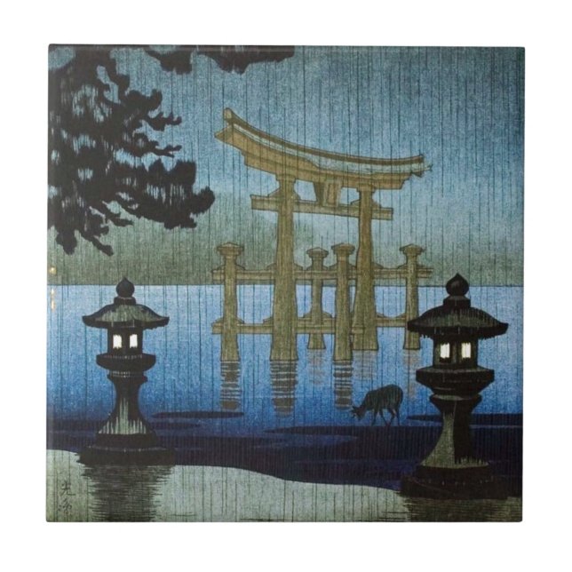Japanese Evening Rain Woodblock Art Ukiyo-e Tile (Front)