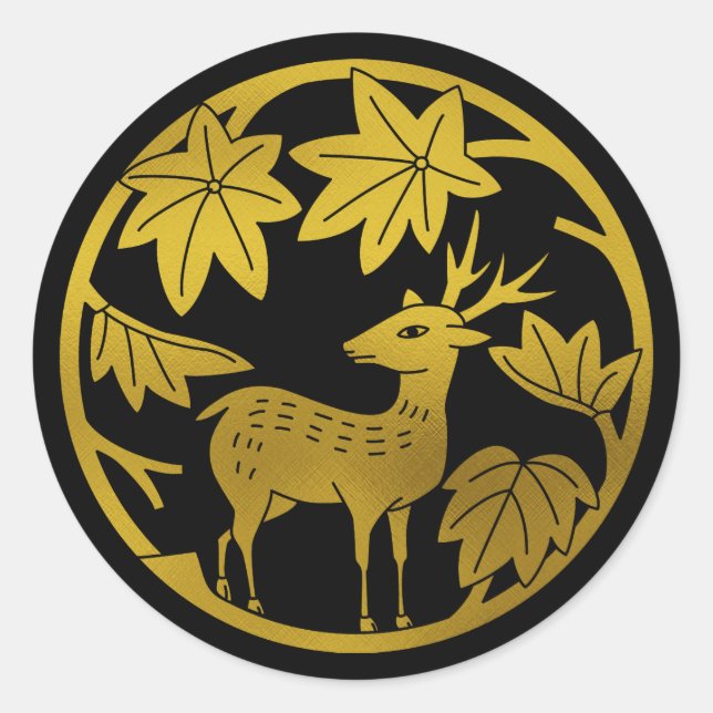 Japanese Family Crest-Japanese maple and deer Classic Round Sticker (Front)
