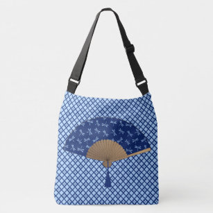 Japanese Fan, Dragonfly Pattern, Cobalt Blue Crossbody Bag