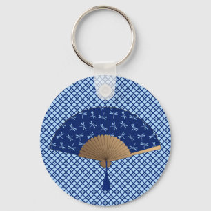 Japanese Fan, Dragonfly Pattern, Cobalt Blue Key Ring