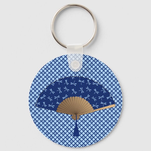 Japanese Fan, Dragonfly Pattern, Cobalt Blue Key Ring (Front)
