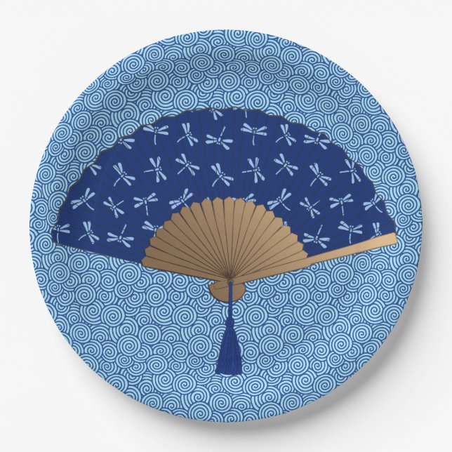 Japanese Fan, Dragonfly Pattern, Cobalt Blue Paper Plate (Front)