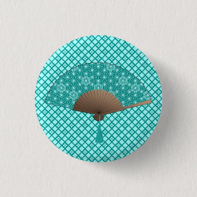 Japanese Fan in Asanoha pattern, Turquoise & Aqua 3 Cm Round Badge (Front)