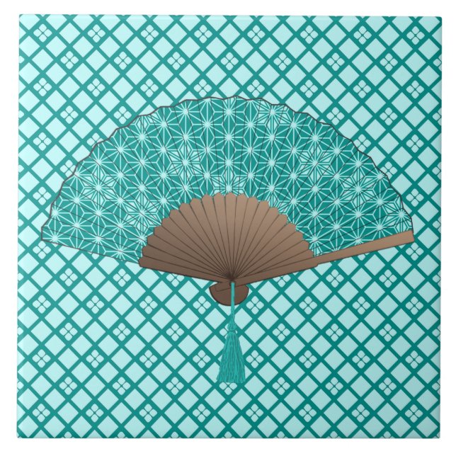 Japanese Fan in Asanoha pattern, Turquoise Ceramic Tile (Front)