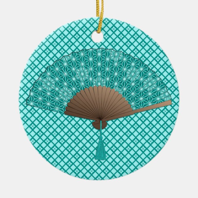 Japanese Fan in Asanoha pattern, Turquoise Ceramic Tree Decoration (Front)