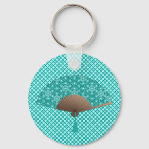 Japanese Fan in Asanoha pattern, Turquoise Keychai Key Ring