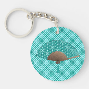 Japanese Fan in Asanoha pattern, Turquoise Keychai Key Ring