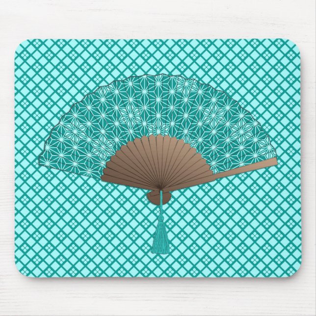 Japanese Fan in Asanoha pattern, Turquoise Mouse Pad (Front)